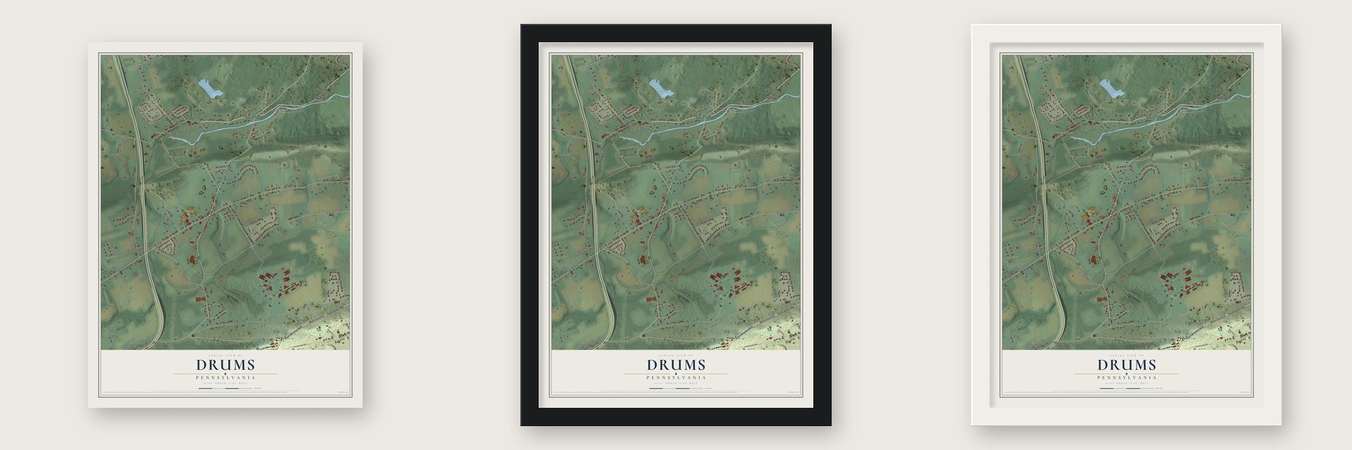 Drums, Pennsylvania map unframed, in a black wood frame and in a white wood frame