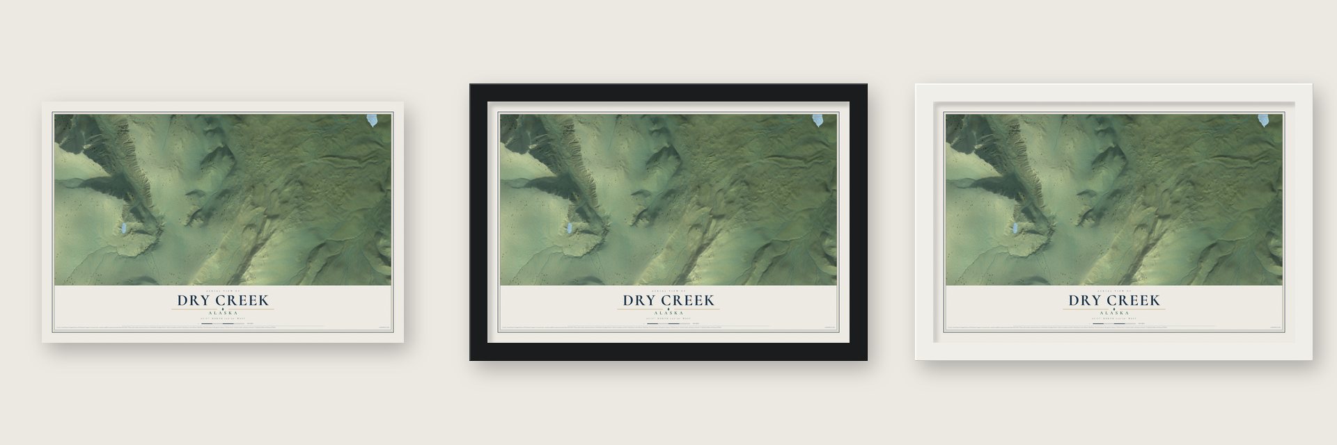 Dry Creek, Alaska map unframed, in a black wood frame and in a white wood frame