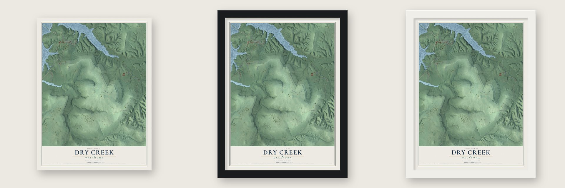 Dry Creek, Oklahoma map unframed, in a black wood frame and in a white wood frame