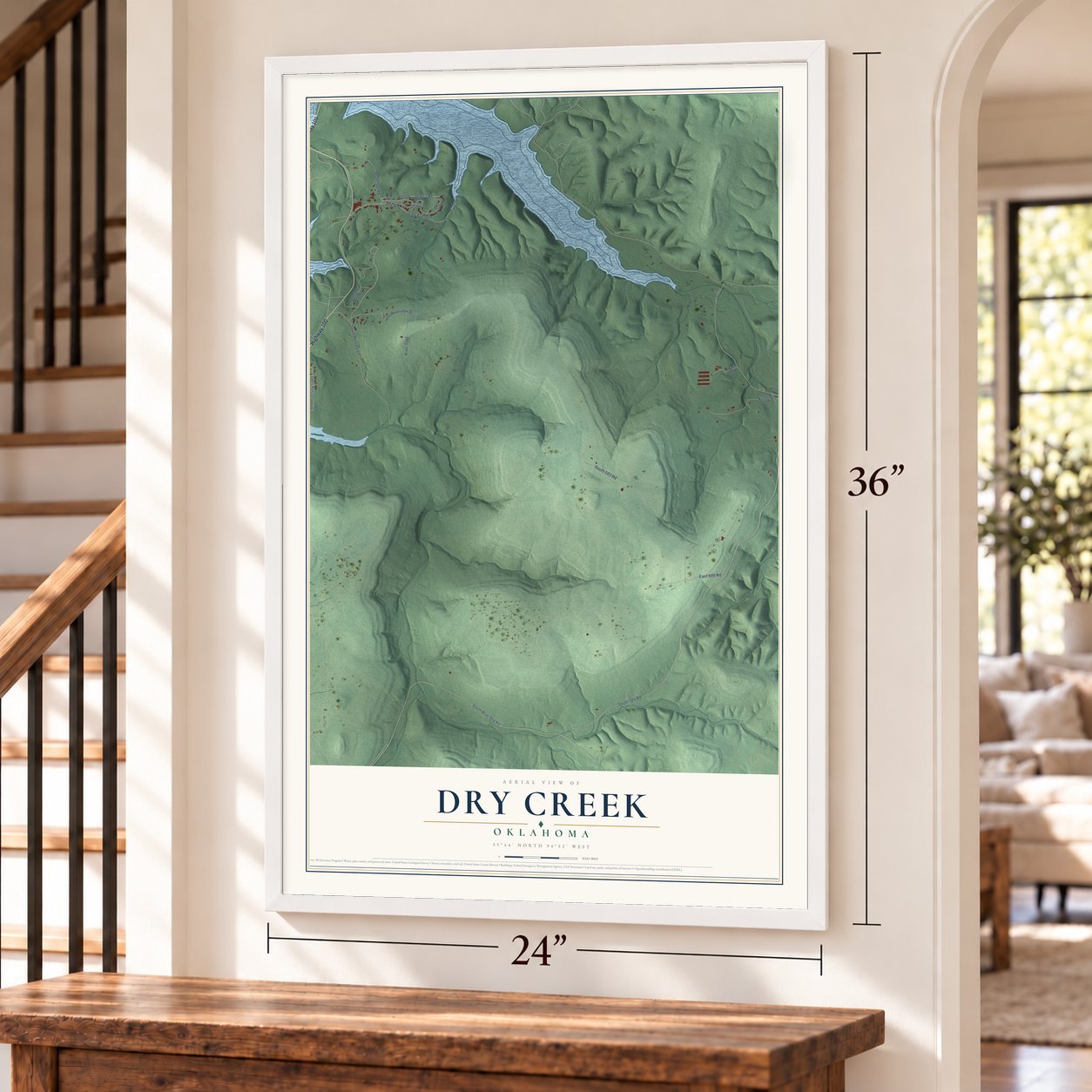 Dry Creek, Oklahoma map, 24 x 36 inch print in a white frame by a staircase