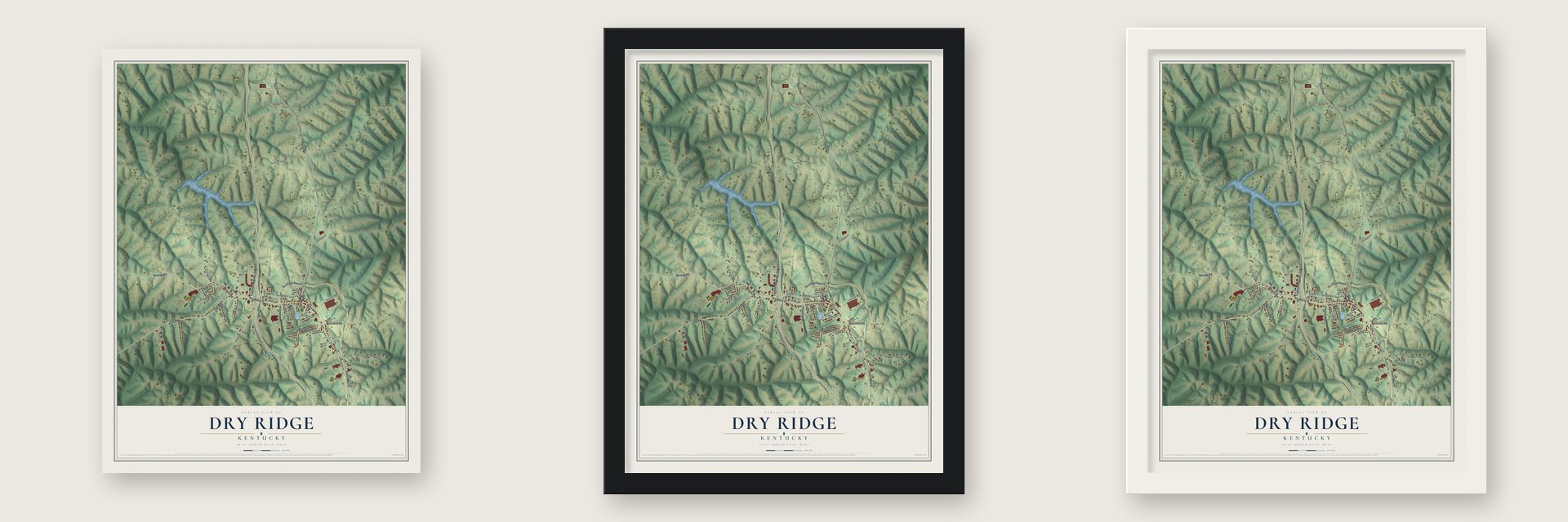 Dry Ridge, Kentucky map unframed, in a black wood frame and in a white wood frame