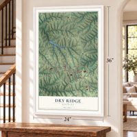 Dry Ridge, Kentucky map, 24 x 36 inch print in a white frame by a staircase