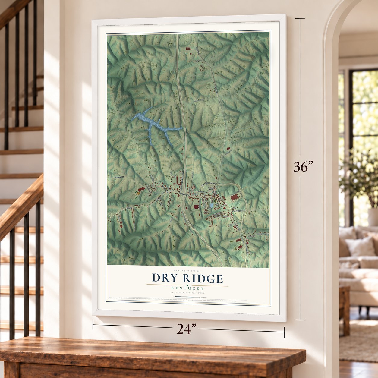 Dry Ridge, Kentucky map, 24 x 36 inch print in a white frame by a staircase