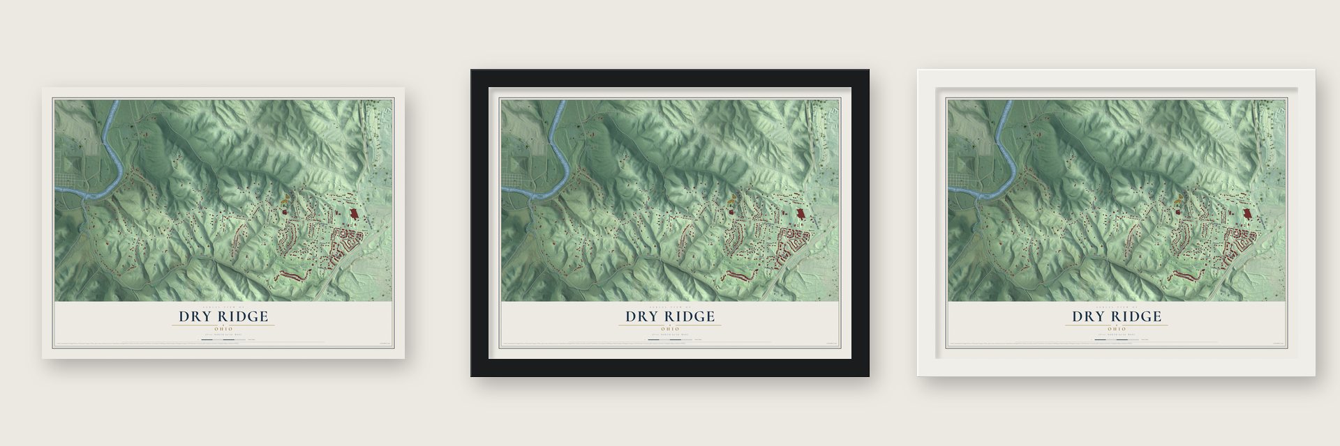 Dry Ridge, Ohio map unframed, in a black wood frame and in a white wood frame