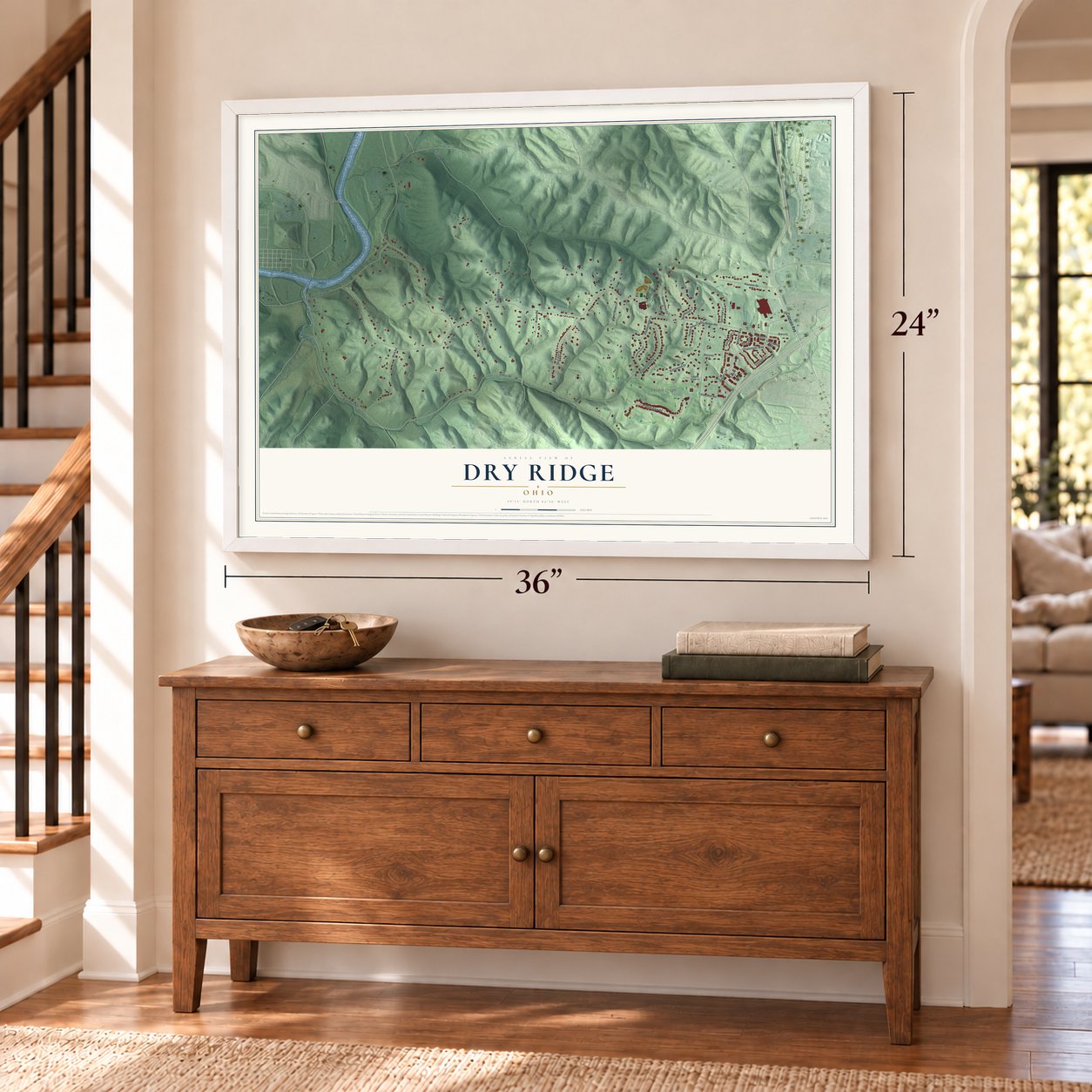 Dry Ridge, Ohio map, 24 x 36 inch print in a white frame above a dresser by a staircase
