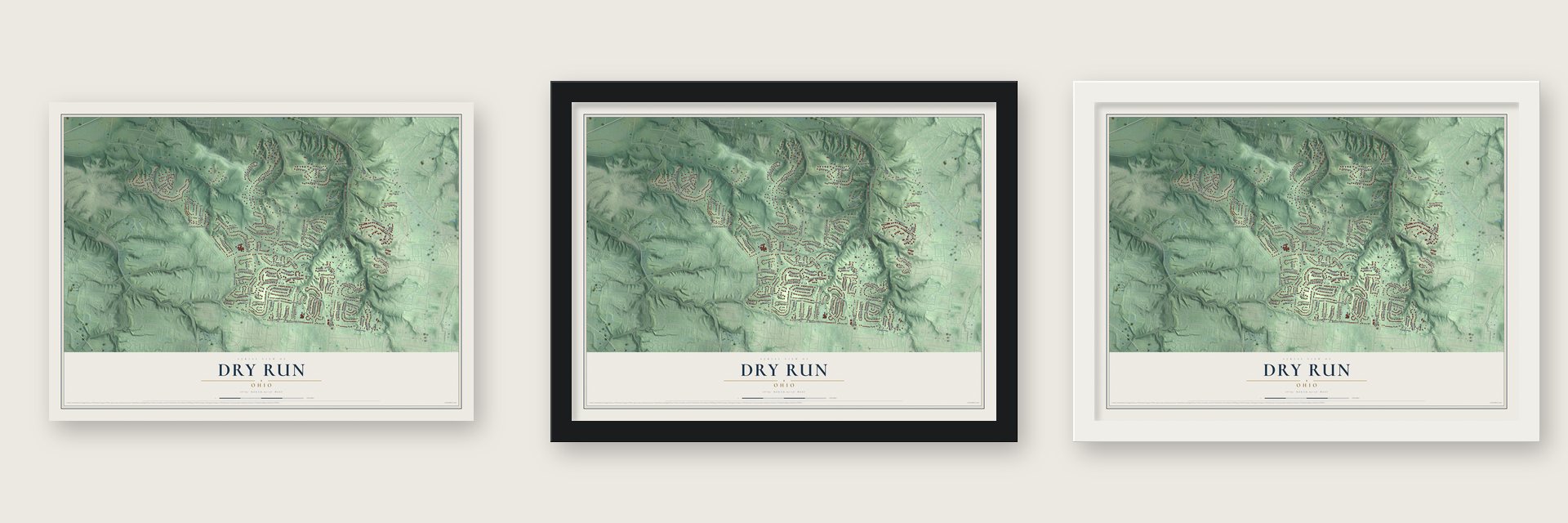 Dry Run, Ohio map unframed, in a black wood frame and in a white wood frame
