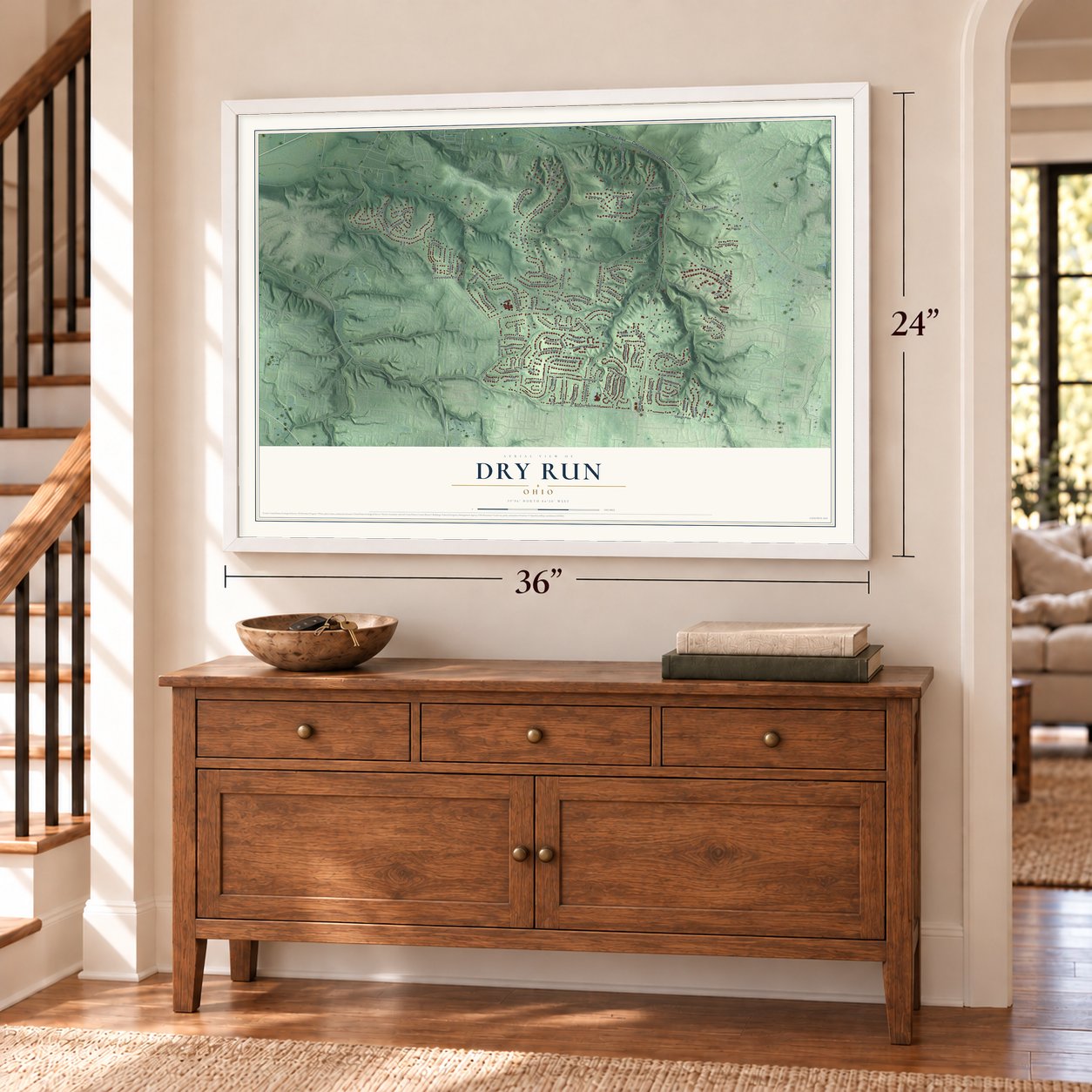 Dry Run, Ohio map, 24 x 36 inch print in a white frame above a dresser by a staircase
