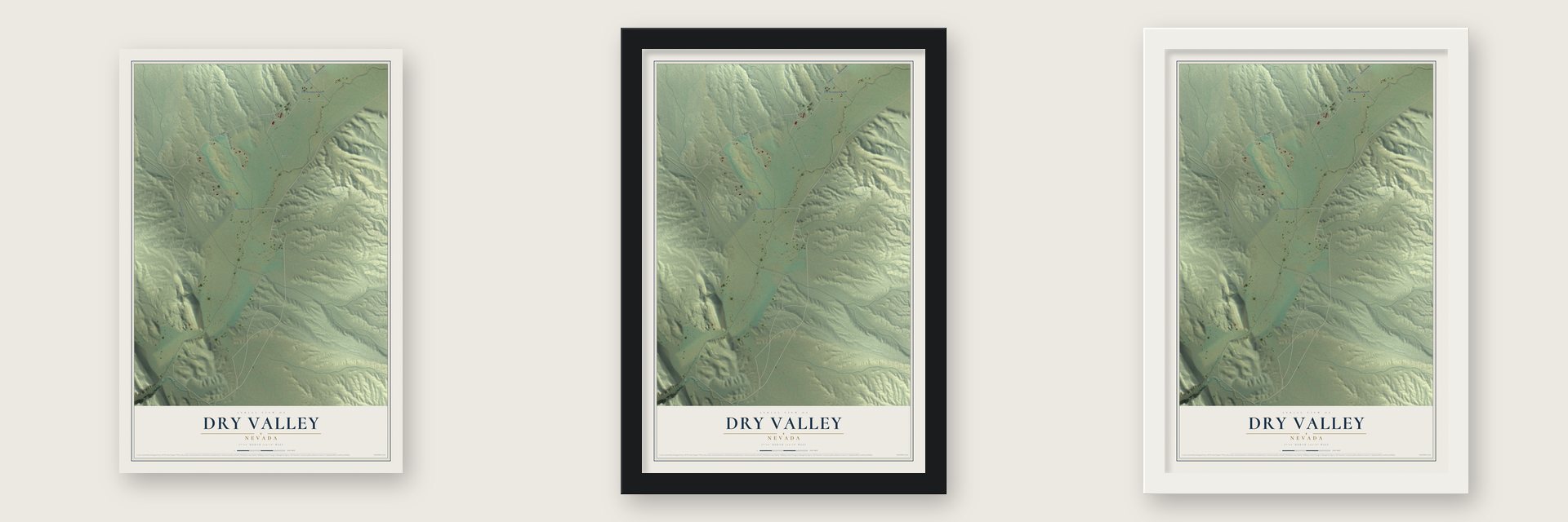 Dry Valley, Nevada map unframed, in a black wood frame and in a white wood frame