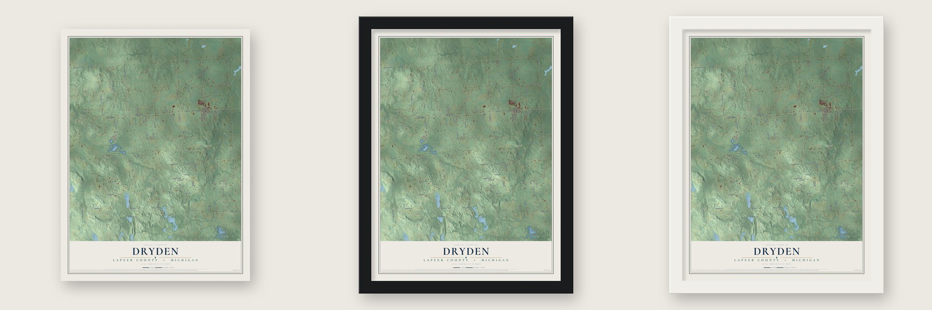Dryden, Lapeer County, Michigan map unframed, in a black wood frame and in a white wood frame