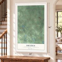 Dryden, Lapeer County, Michigan map, 24 x 36 inch print in a white frame by a staircase