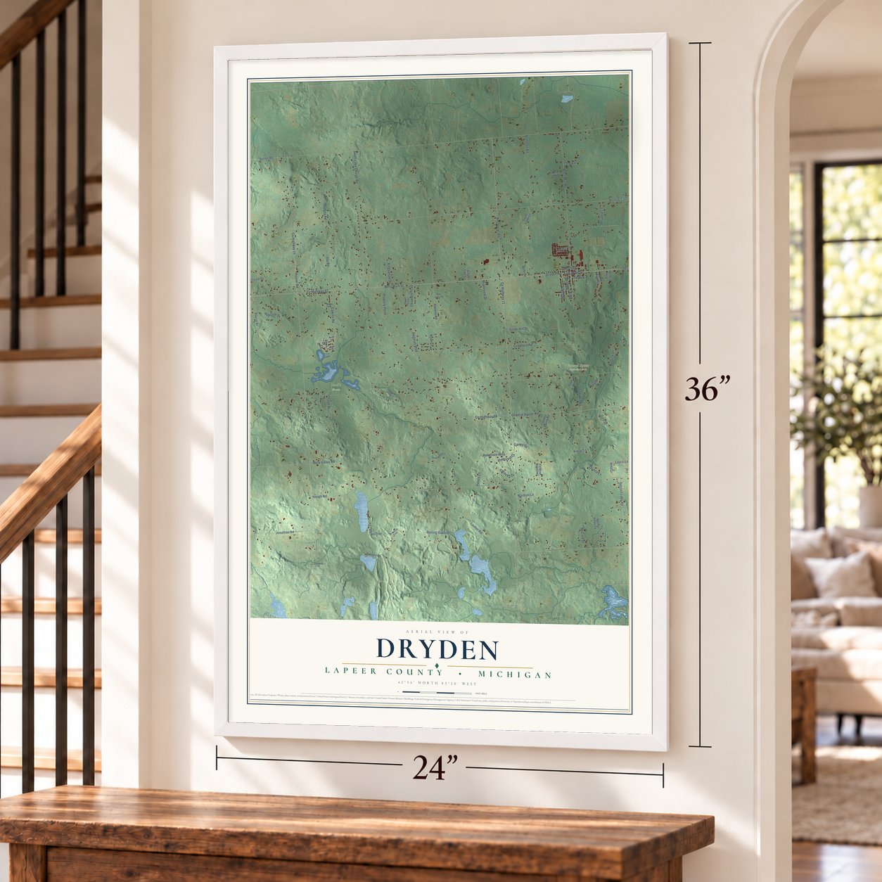 Dryden, Lapeer County, Michigan map, 24 x 36 inch print in a white frame by a staircase