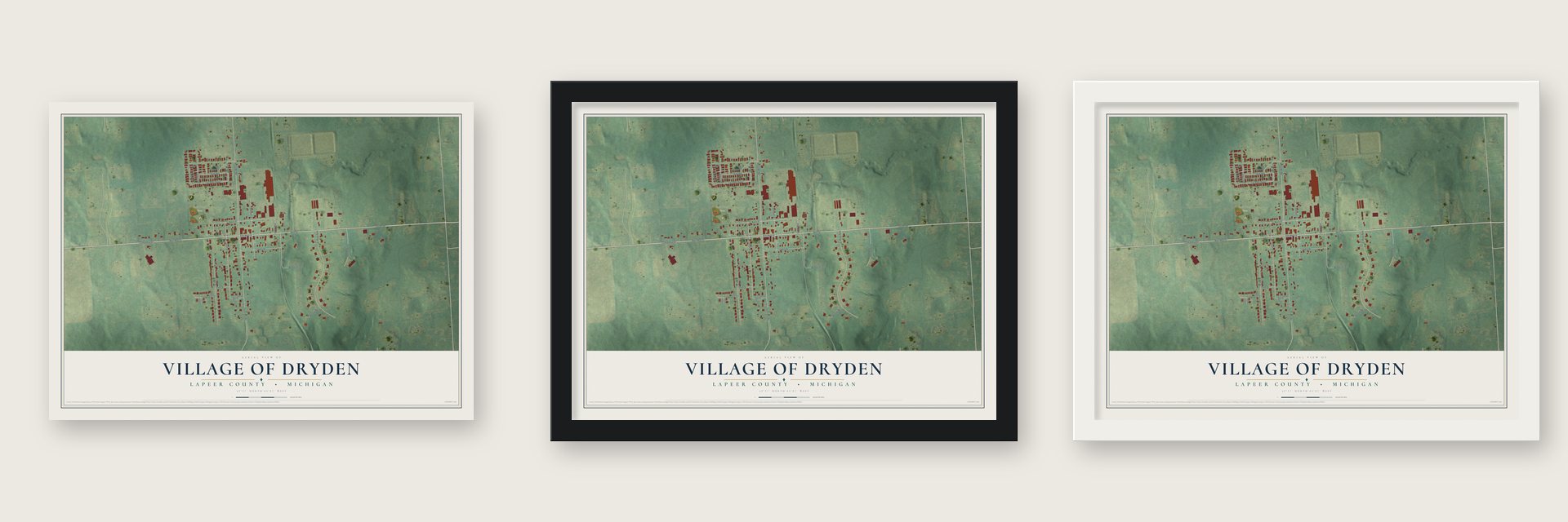Dryden, Michigan map unframed, in a black wood frame and in a white wood frame
