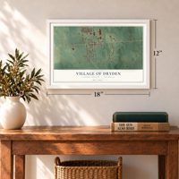 Dryden, Michigan map, 12 x 18 inch print in a white frame in an entryway