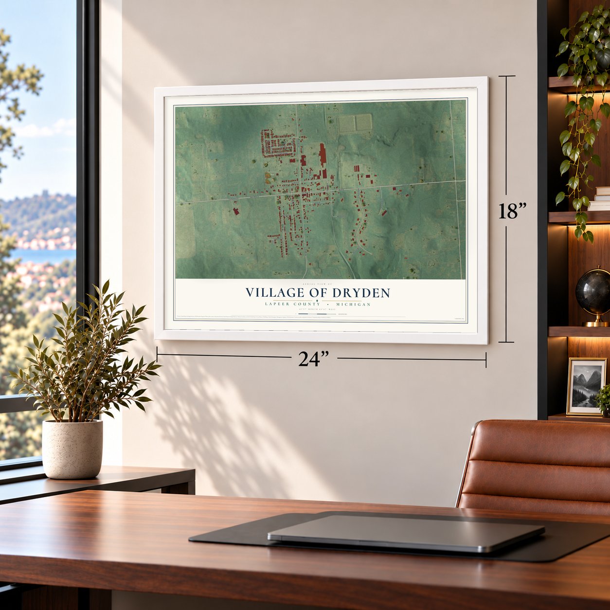 Dryden, Michigan map, 18 x 24 inch print in a white frame in a home office