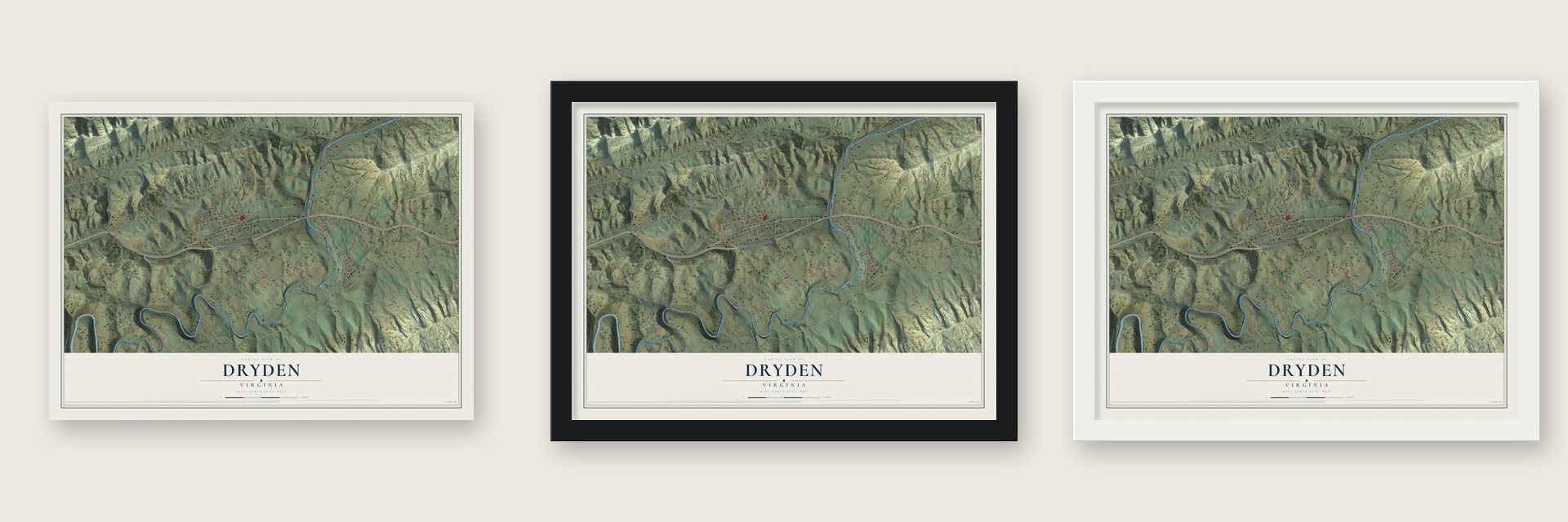 Dryden, Virginia map unframed, in a black wood frame and in a white wood frame