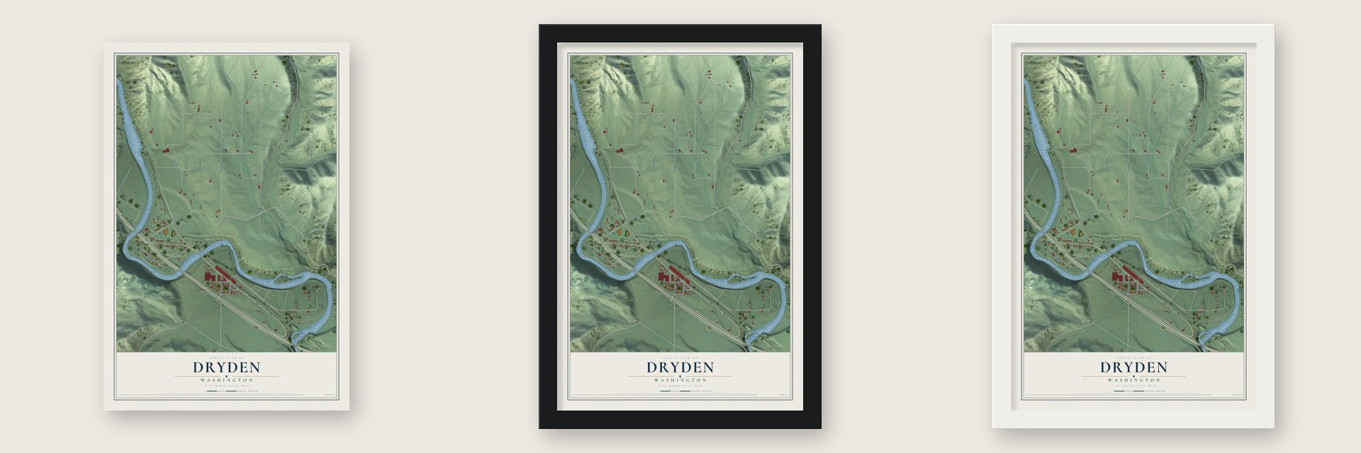 Dryden, Washington map unframed, in a black wood frame and in a white wood frame