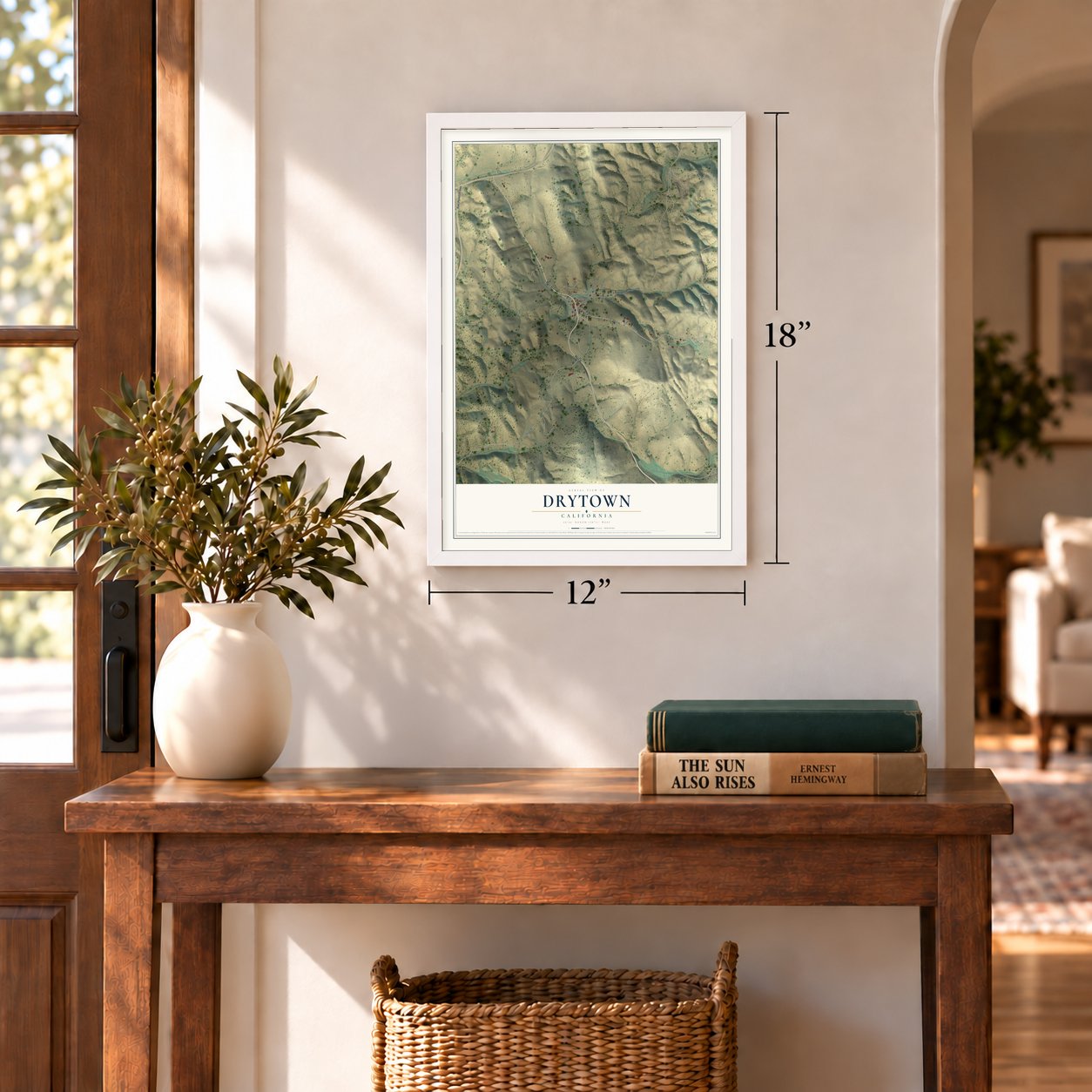 Drytown, California map, 12 x 18 inch print in a white frame in an entryway