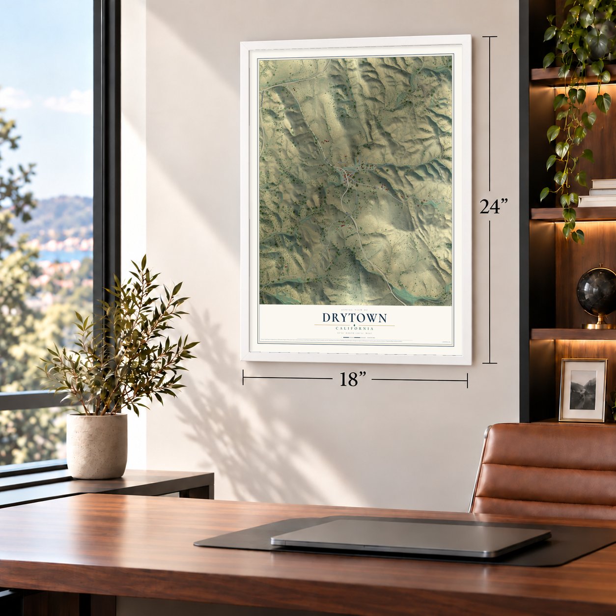 Drytown, California map, 18 x 24 inch print in a white frame in a home office