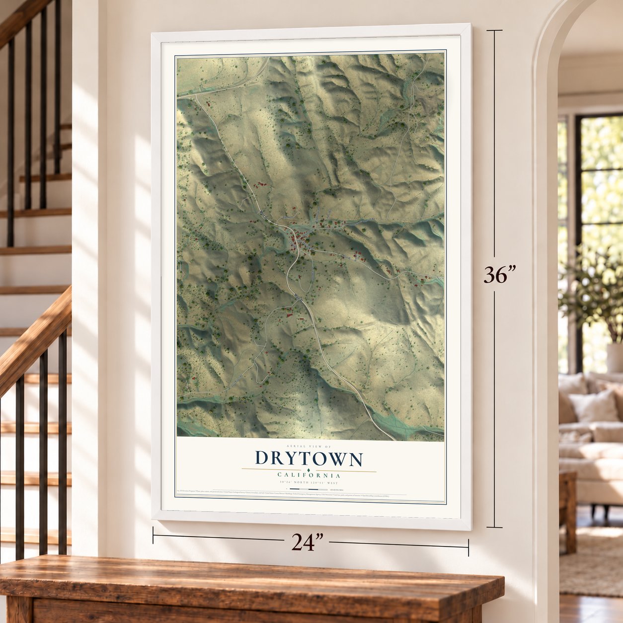 Drytown, California map, 24 x 36 inch print in a white frame by a staircase
