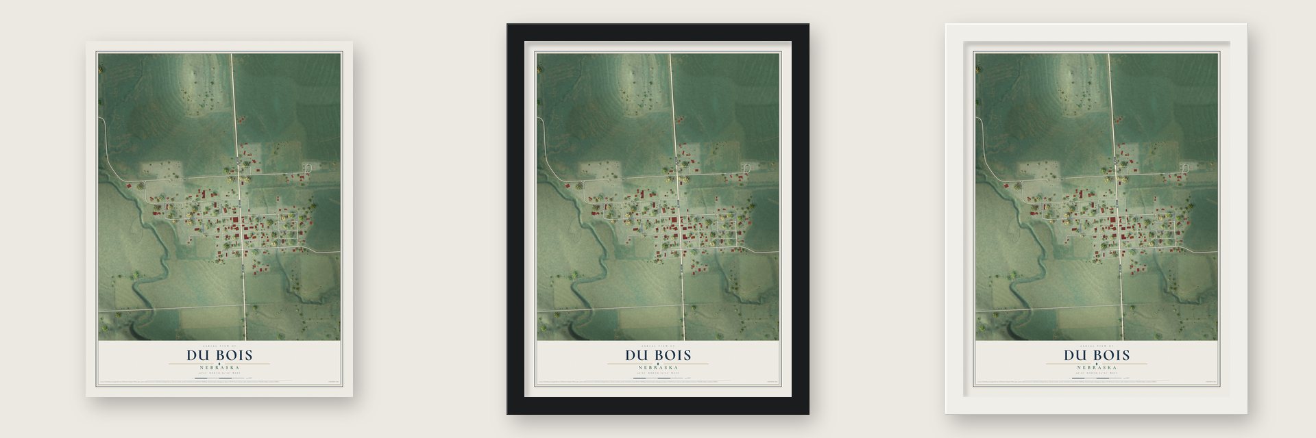 Du Bois, Nebraska map unframed, in a black wood frame and in a white wood frame