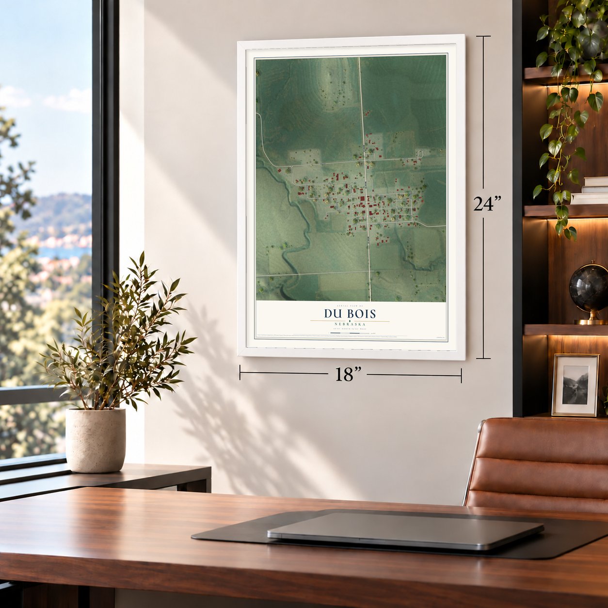 Du Bois, Nebraska map, 18 x 24 inch print in a white frame in a home office