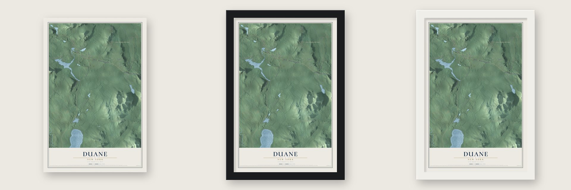 Duane, New York map unframed, in a black wood frame and in a white wood frame