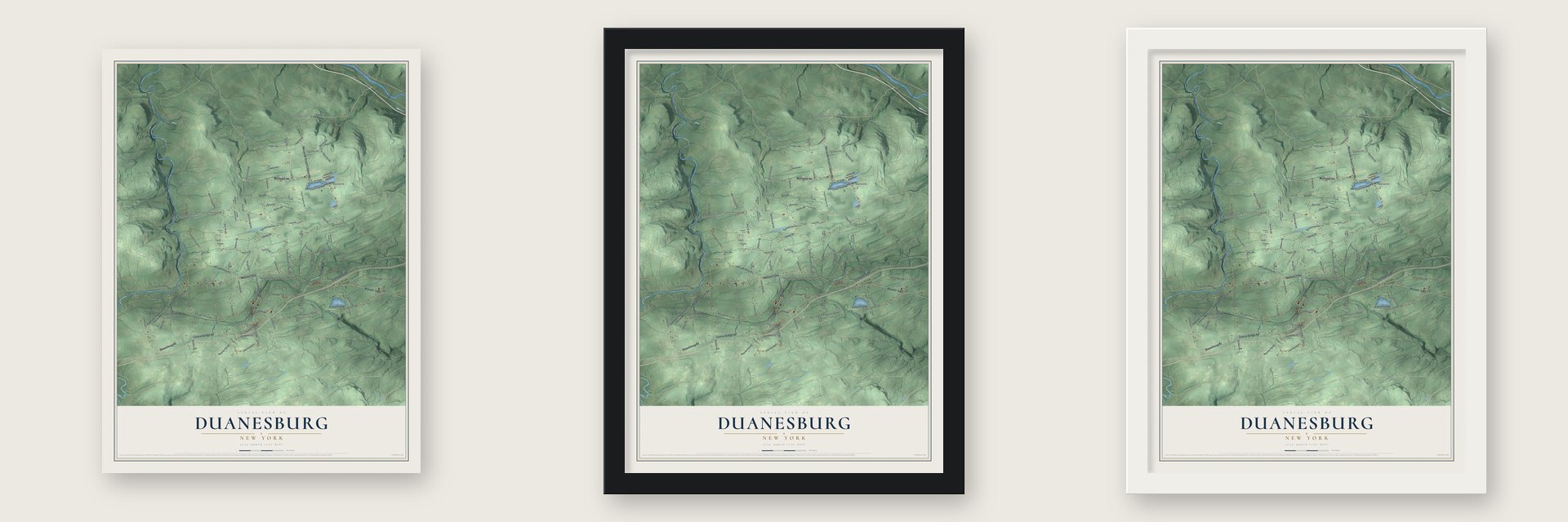 Duanesburg, New York map unframed, in a black wood frame and in a white wood frame