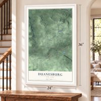 Duanesburg, New York map, 24 x 36 inch print in a white frame by a staircase