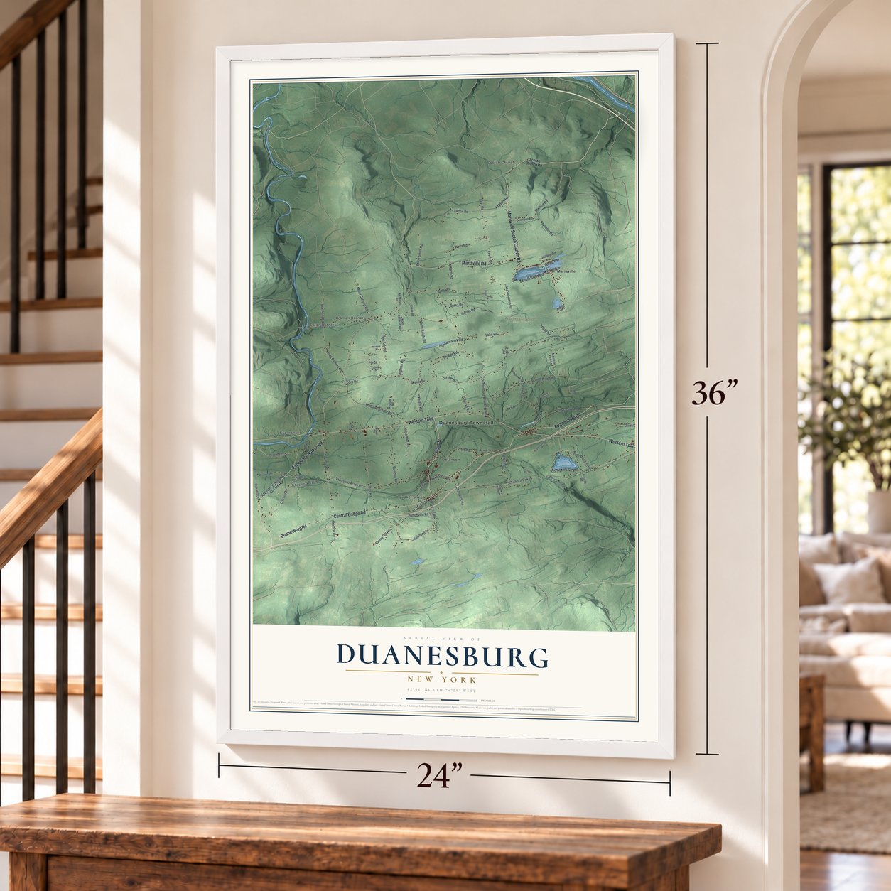 Duanesburg, New York map, 24 x 36 inch print in a white frame by a staircase