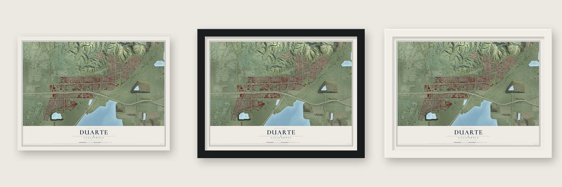 Duarte, California map unframed, in a black wood frame and in a white wood frame
