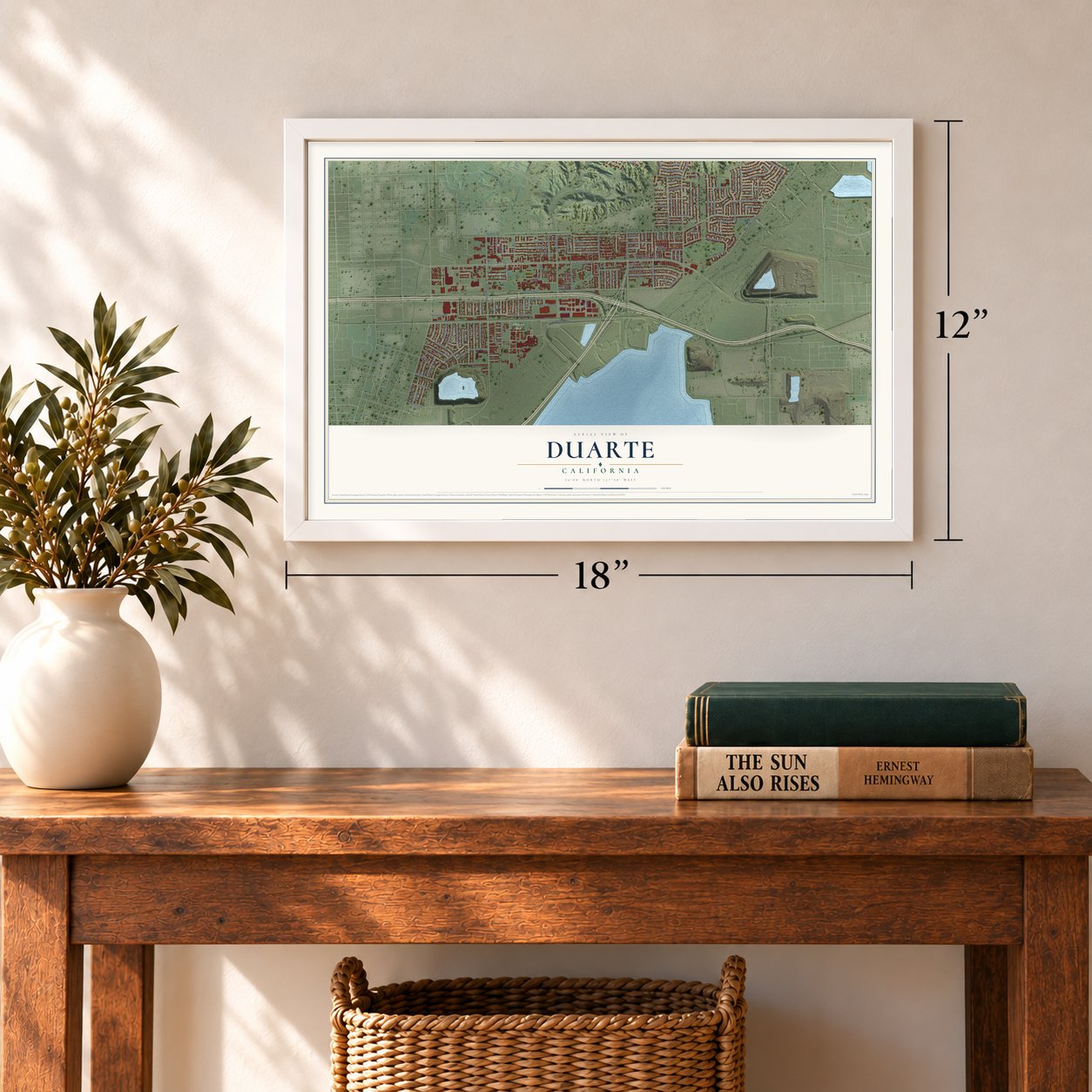 Duarte, California map, 12 x 18 inch print in a white frame in an entryway