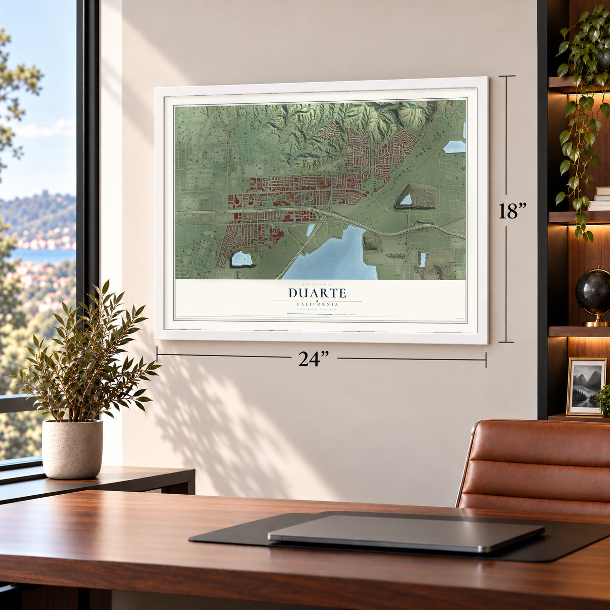 Duarte, California map, 18 x 24 inch print in a white frame in a home office
