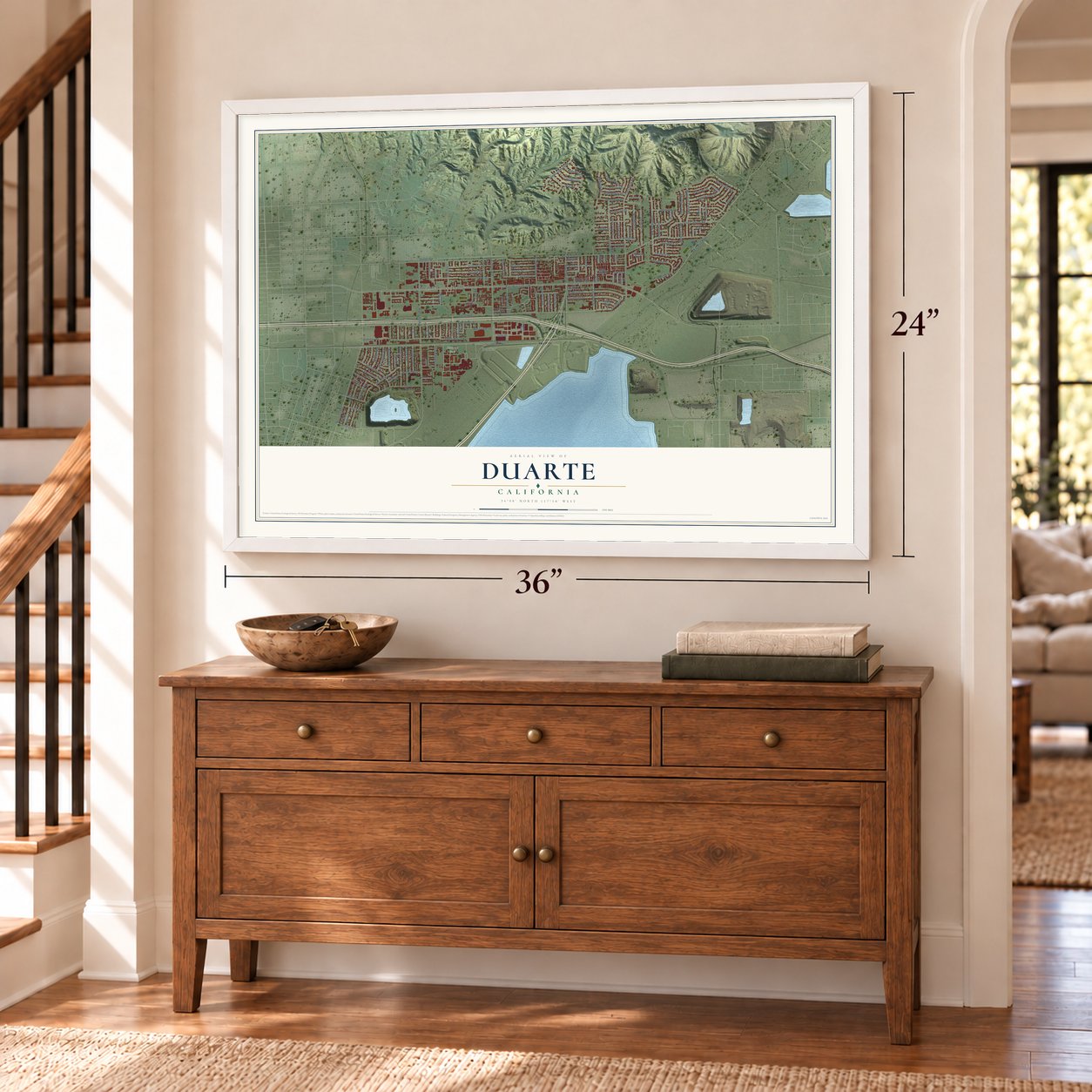 Duarte, California map, 24 x 36 inch print in a white frame above a dresser by a staircase