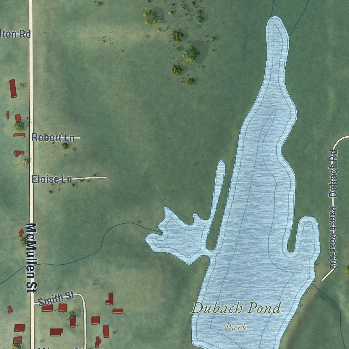 Second close-up of the map of Dubach, Louisiana print showing more streets and buildings
