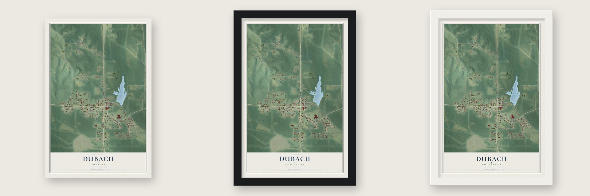 Dubach, Louisiana map unframed, in a black wood frame and in a white wood frame