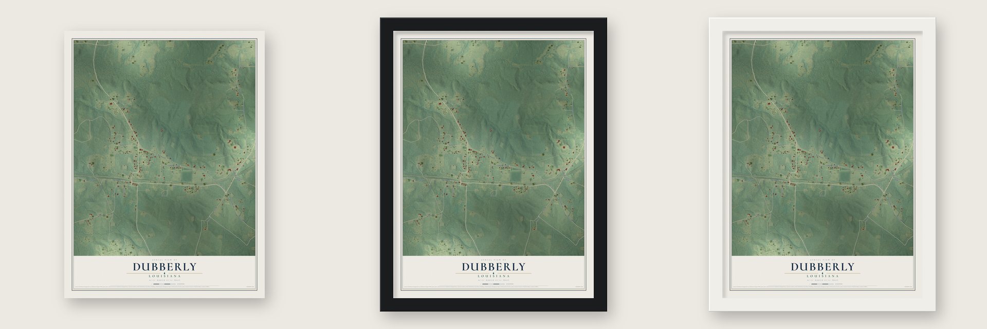 Dubberly, Louisiana map unframed, in a black wood frame and in a white wood frame