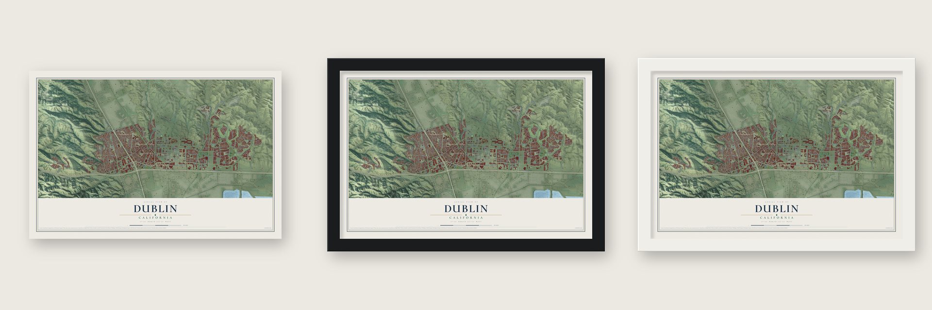 Dublin, California map unframed, in a black wood frame and in a white wood frame