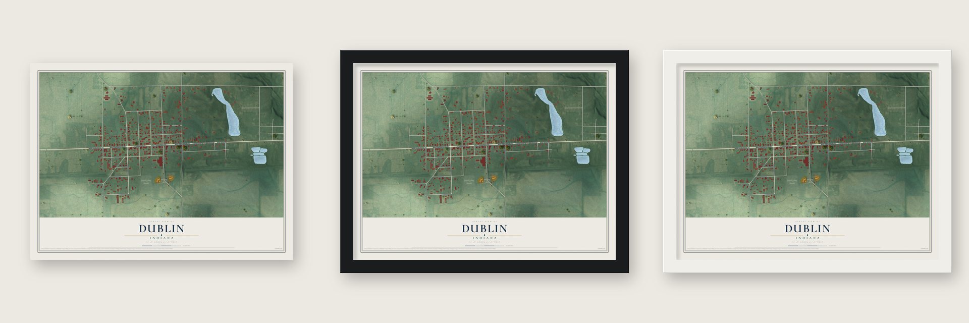 Dublin, Indiana map unframed, in a black wood frame and in a white wood frame