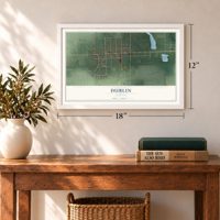 Dublin, Indiana map, 12 x 18 inch print in a white frame in an entryway
