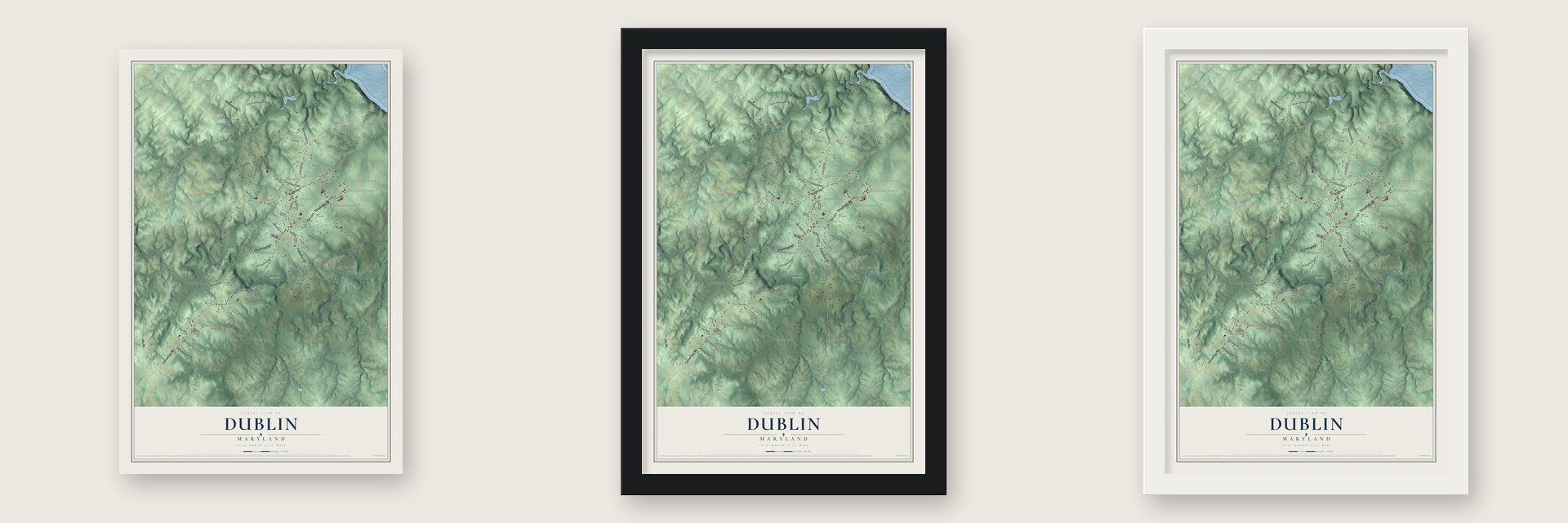 Dublin, Maryland map unframed, in a black wood frame and in a white wood frame