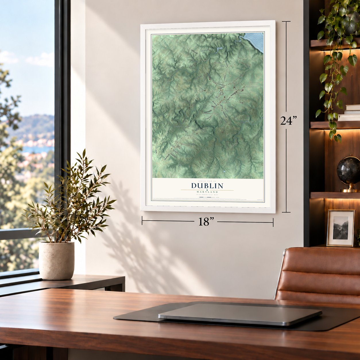 Dublin, Maryland map, 18 x 24 inch print in a white frame in a home office
