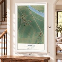 Dublin, Mississippi map, 24 x 36 inch print in a white frame by a staircase