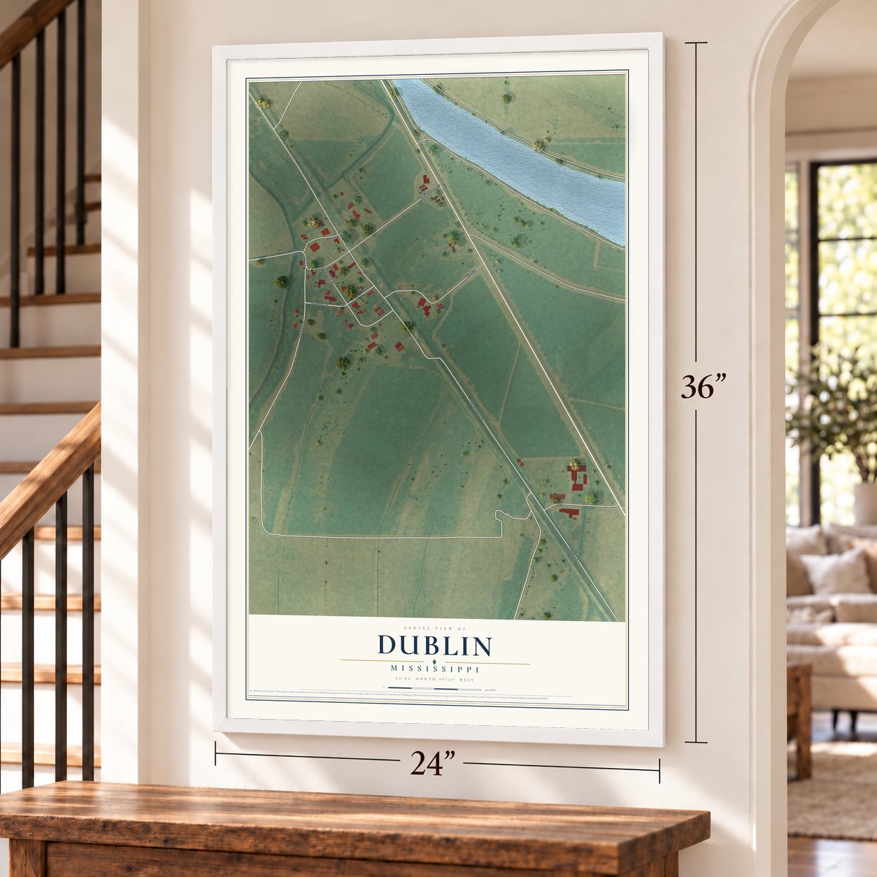 Dublin, Mississippi map, 24 x 36 inch print in a white frame by a staircase