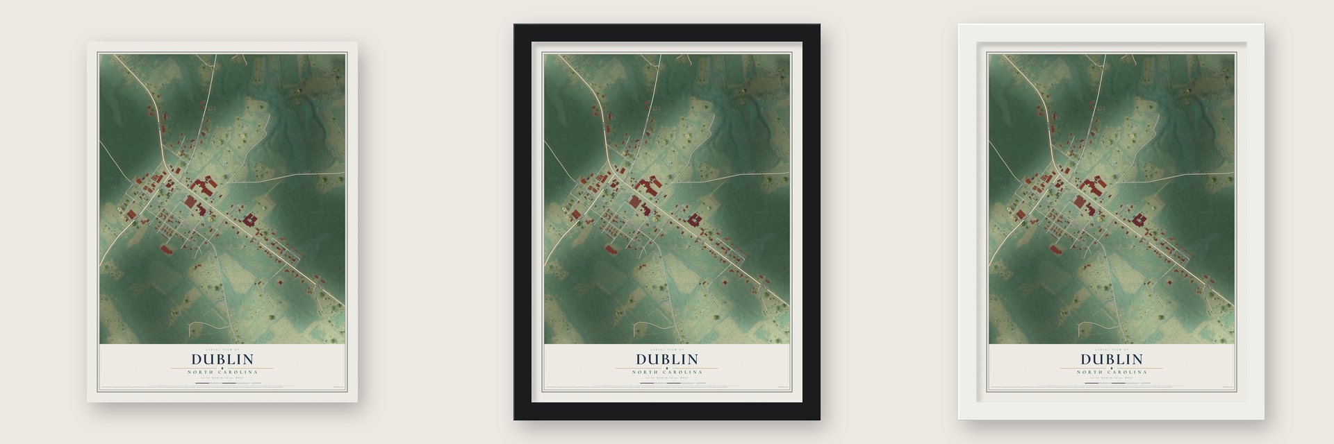 Dublin, North Carolina map unframed, in a black wood frame and in a white wood frame