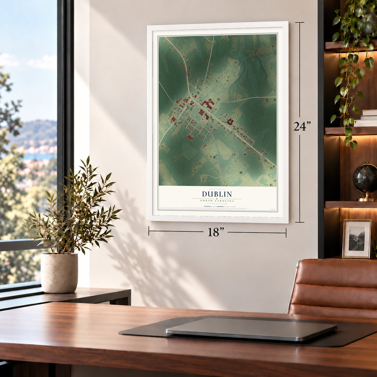 Dublin, North Carolina map, 18 x 24 inch print in a white frame in a home office