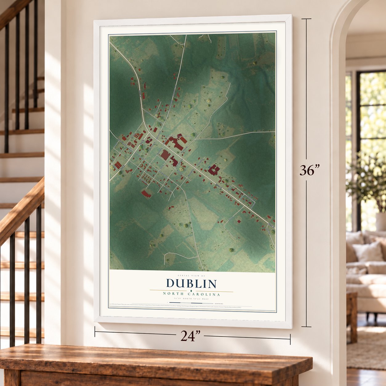 Dublin, North Carolina map, 24 x 36 inch print in a white frame by a staircase