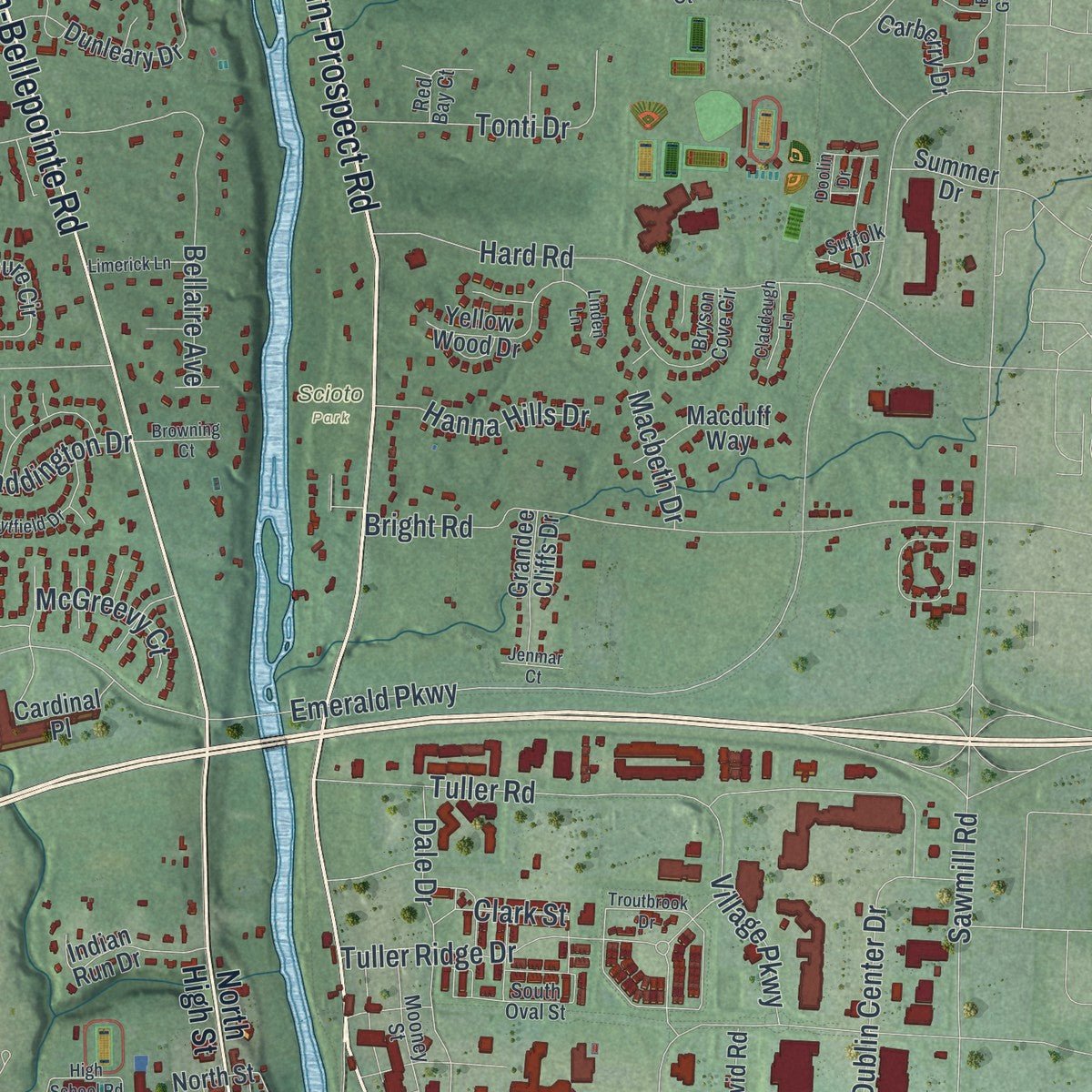 Second close-up of the map of Dublin, Ohio print showing more streets and buildings