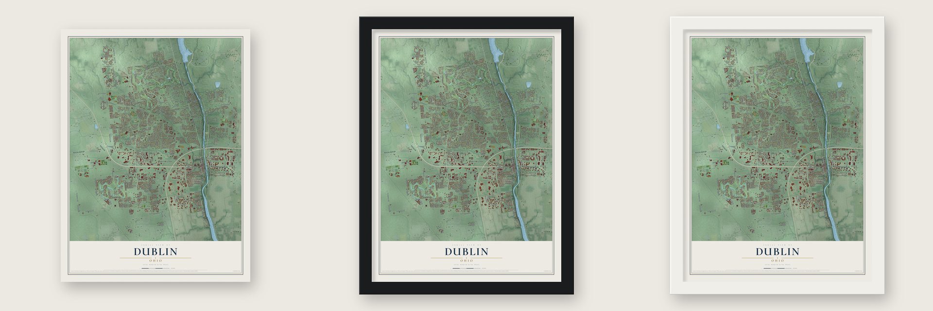 Dublin, Ohio map unframed, in a black wood frame and in a white wood frame