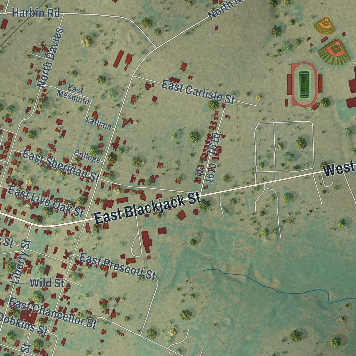Second close-up of the map of Dublin, Texas print showing more streets and buildings