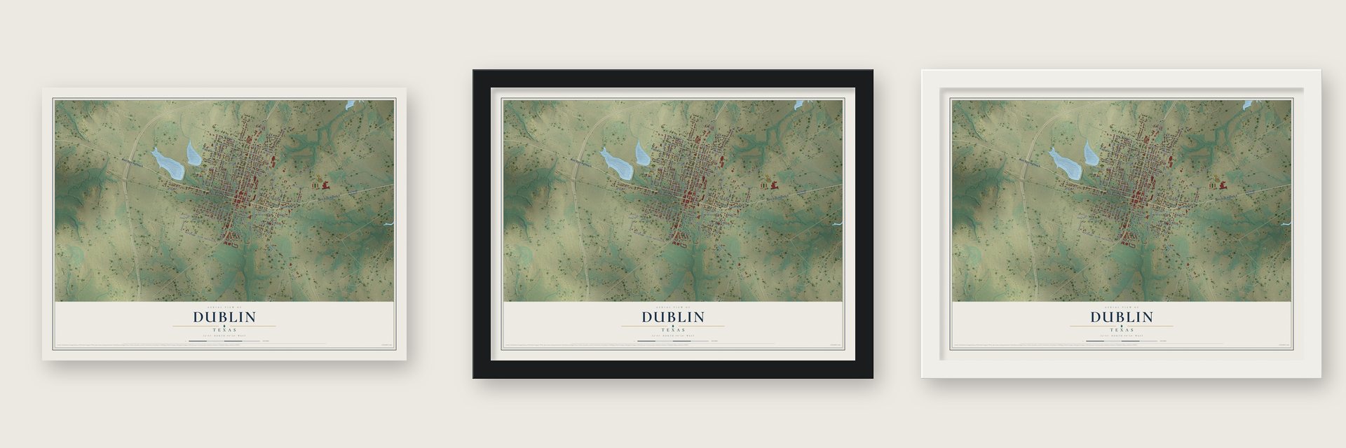 Dublin, Texas map unframed, in a black wood frame and in a white wood frame